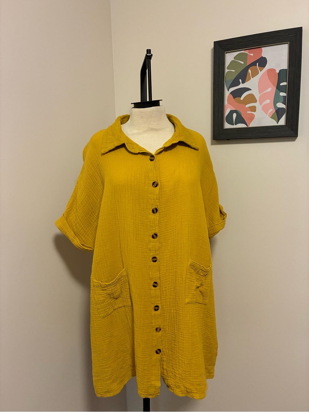 Mustard Button-Front Women’s Tunic Dress